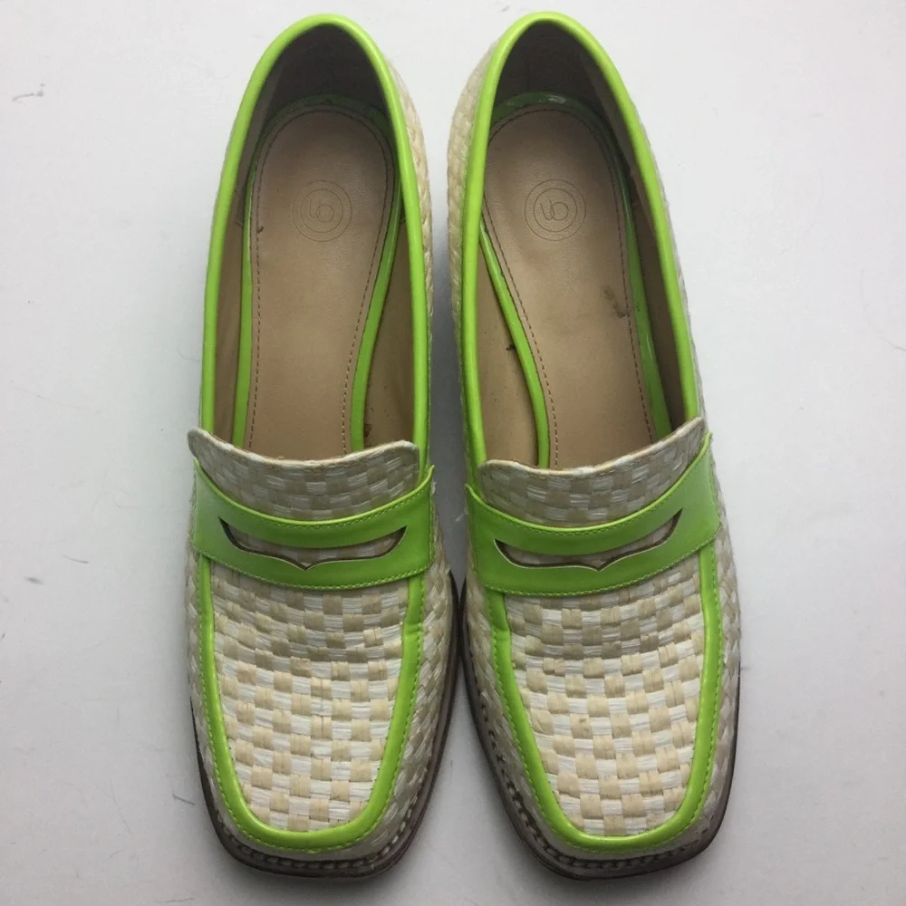 Urban Outfitters Lexi Woven Checkerboard Faux Patent Square Toe Heeled Loafers - Picture 2 of 12